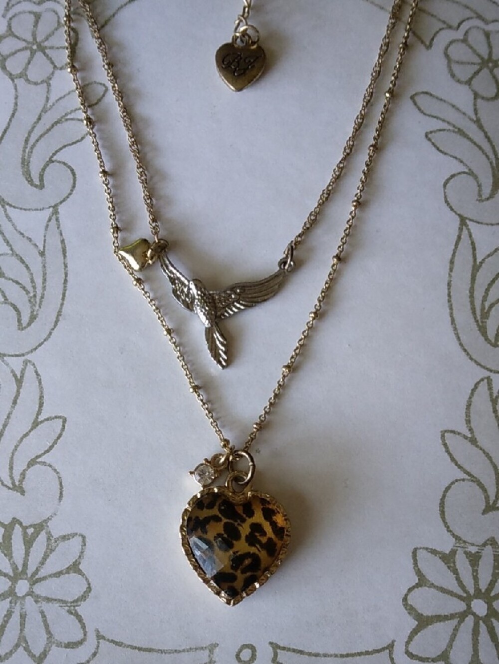 Betsey Johnson Gold-Tone Layered Necklace with Leopard Heart and Bird Charms - Picture 9 of 9